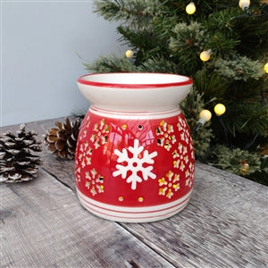 large, red and white, ceramic snowflake, cut out, wax melter, oil burner, christmas, gift, candle accessories