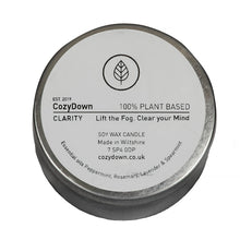 Load image into Gallery viewer, CozyDown Clarity soy wax essential oil aromatherapy travel tin candle Peppermint, Rosemary Lavender &amp; Spearmint.