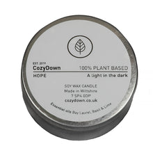 Load image into Gallery viewer, CozyDown Hope soy wax essential oil aromatherapy travel tin candle Bay Laurel Basil Lime