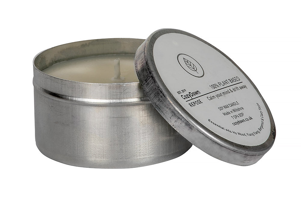 CozyDown Repose soy wax essential oil aromatherapy travel tin candle in Ho Wood, Ylang Ylang, Bergamot & Clary Sage