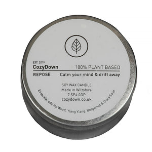 CozyDown Repose soy wax essential oil aromatherapy travel tin candle in Ho Wood, Ylang Ylang, Bergamot & Clary Sage