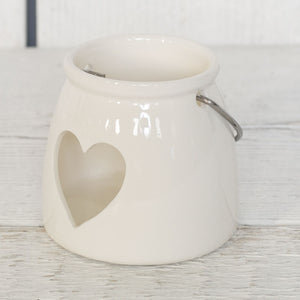 ceramic white heart cut out candle holder with metal carry handle wax melter oil burner