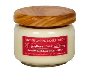 CozyDown Fine Fragrance Collection Tahitian Vanilla & Chilli Pepper 35cl Pop Jar in recycleld glass with a wooden "pop" lid. Contains highest quality natural aromas with 100% plant wax.  Contains soy wax. This is a VEGAN product