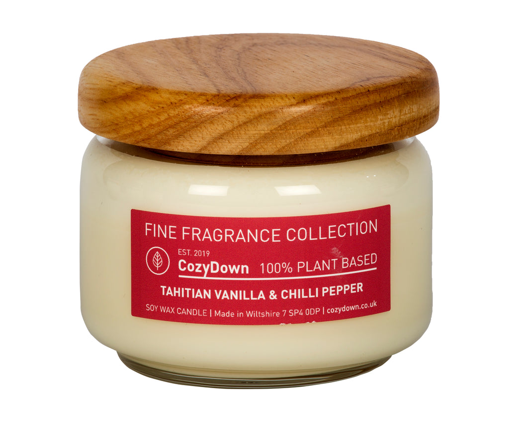 CozyDown Fine Fragrance Collection Tahitian Vanilla & Chilli Pepper 35cl Pop Jar in recycleld glass with a wooden 