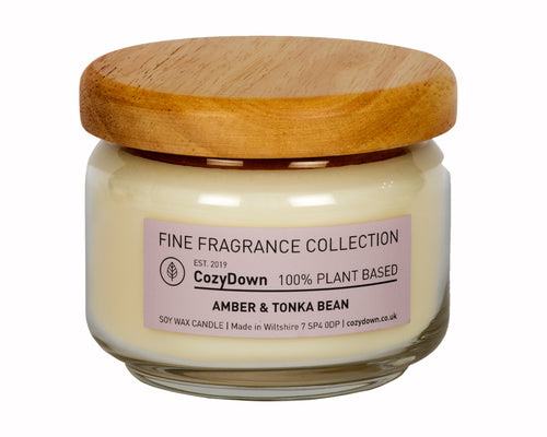 CozyDown Fine Fragrance Amber & Tonka Bean 35cl Pop Jar in recycled glass with a wooden 