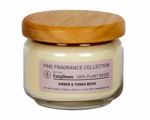 CozyDown Fine Fragrance Amber & Tonka Bean 35cl Pop Jar in recycled glass with a wooden "pop" lid.  Made with only the highest quality natural aromas in 100% pure plant wax. Contains soy wax. This product is VEGAN