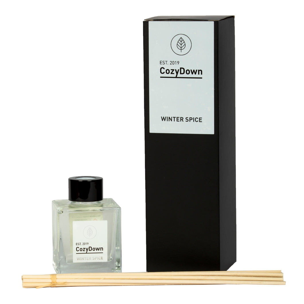 CozyDown Natural Rattan Reed Diffuser. Winter Spice. Seasonal essential oil blend of orange, cinnamon and clove. alcohol and VOC free. natural vegetable oil base. non flammable