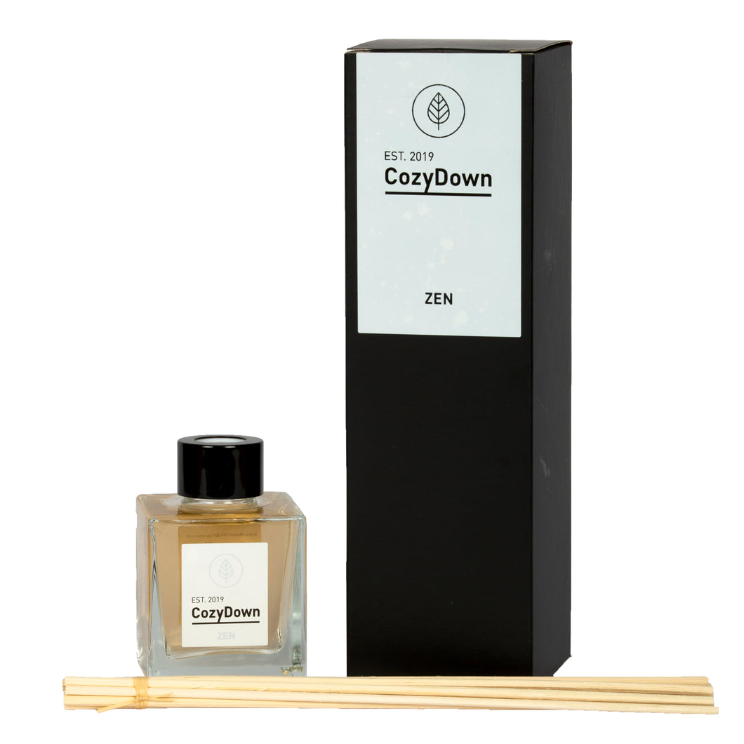 CozyDown's Zen natural rattan reed diffuser contains rose geranium essential oil in a vegetable base oil.  VOC and alcohol free. Non flammable. 