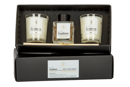 CozyDown Citrus Zip NEW aromatherapy essential oil Gift Set. Comprises 2 recycled glass votives containing 100% plant wax, and a mini natural reed room diffuser. VEGAN Soy wax. glycol and alcohol free. Essential oils of lemon, lemongrass, lime and orange