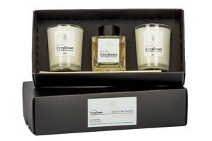CozyDown Zen NEW aromatherapy essential oil Gift Set. Comprises 2 recycled glass votives containing 100% plant wax, and a mini natural reed room diffuser. VEGAN Soy wax. glycol and alcohol free.