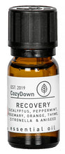 Load image into Gallery viewer, cozydown recovery 10ml essential oil blend eucalyptus peppermint rosemary thyme orange citronella aniseed recycled glass vegan pure    