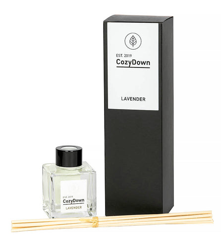natural rattan reed diffuser with pure lavender essential oi. recycled glass amd packaging