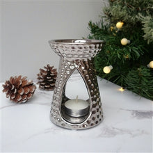 Load image into Gallery viewer, wax melter oil burner chrome look ceramic silver dimpled teardrop shape