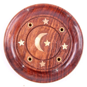 sheesham wood, incense catcher, ash catcher, 7.5cm round moon aand stars design, incense stick holder