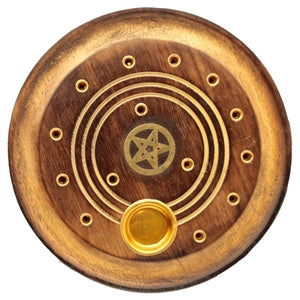 mango wood, 10cm round, ash catcher, pentagram design, incense holder